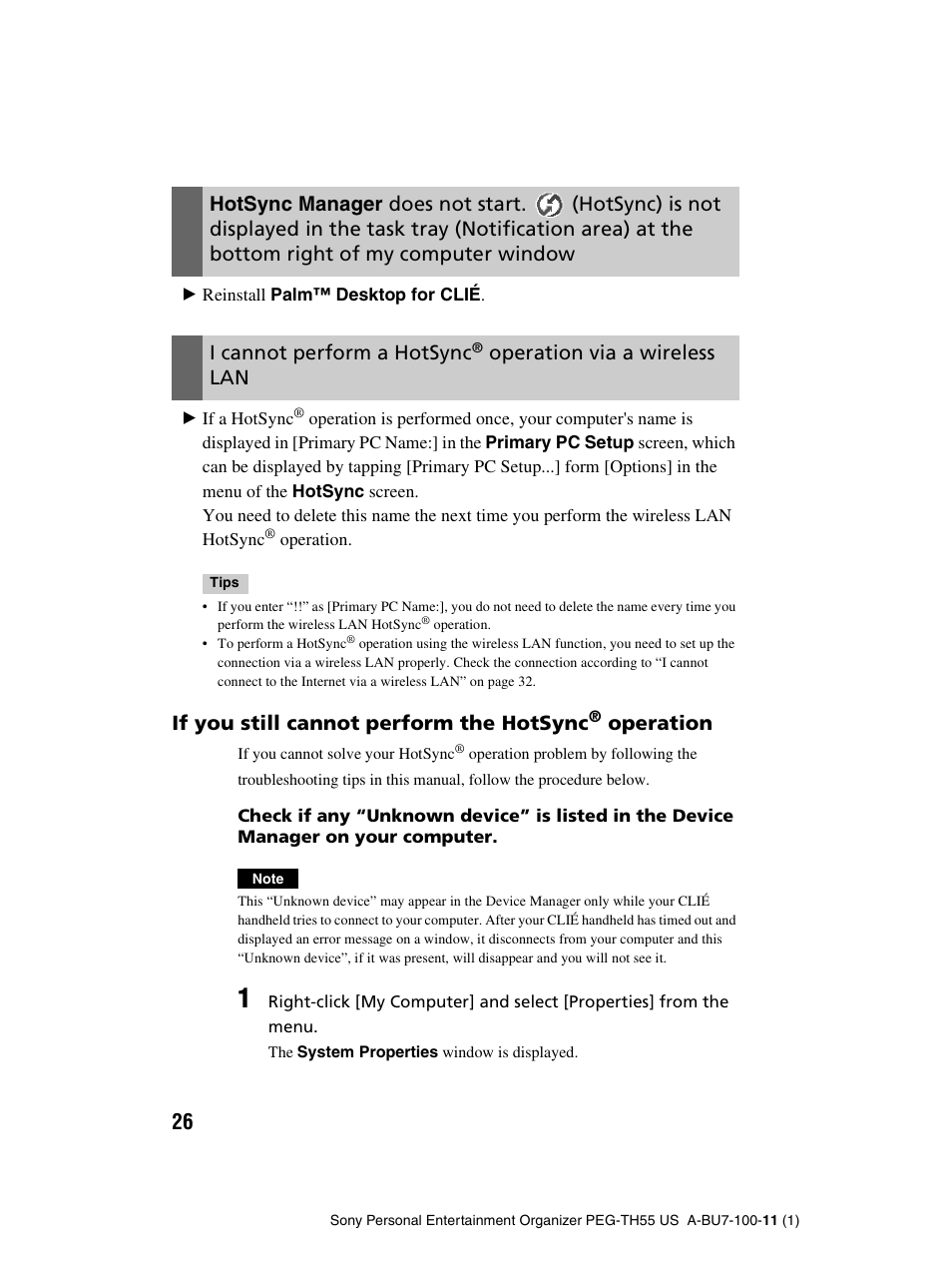 Hotsync manager does not start, Hotsync) is not, I cannot perform a hotsync | Operation via a wireless lan, If you still cannot perform the hotsync, Operation | Sony PEG-TH55 User Manual | Page 26 / 60