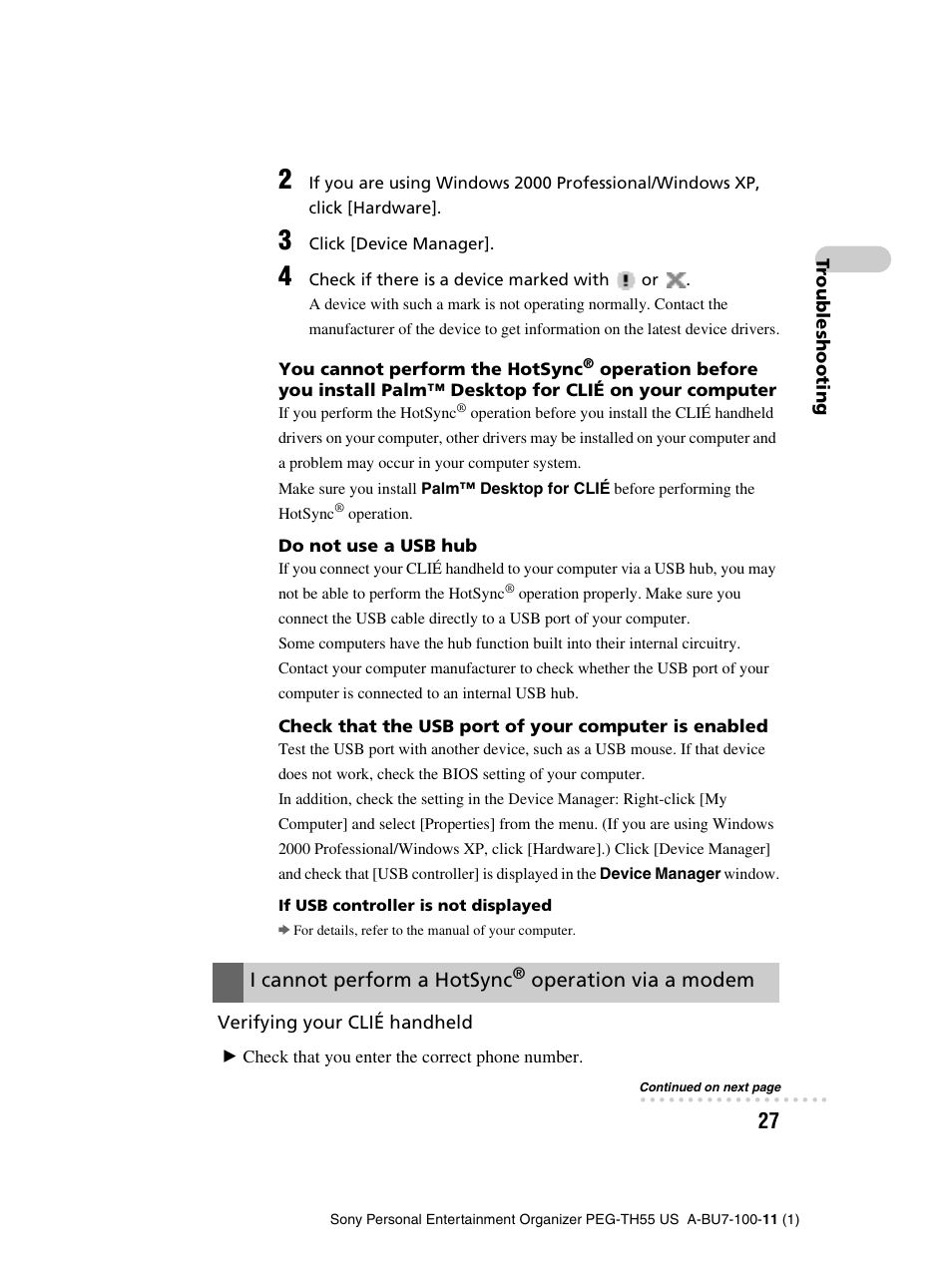 I cannot perform a hotsync, Operation via a modem | Sony PEG-TH55 User Manual | Page 27 / 60