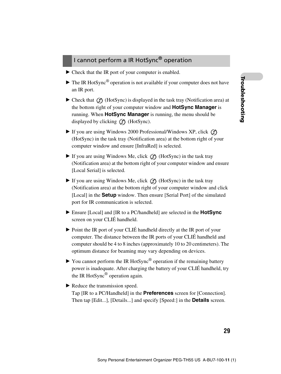 I cannot perform a ir hotsync, Operation | Sony PEG-TH55 User Manual | Page 29 / 60