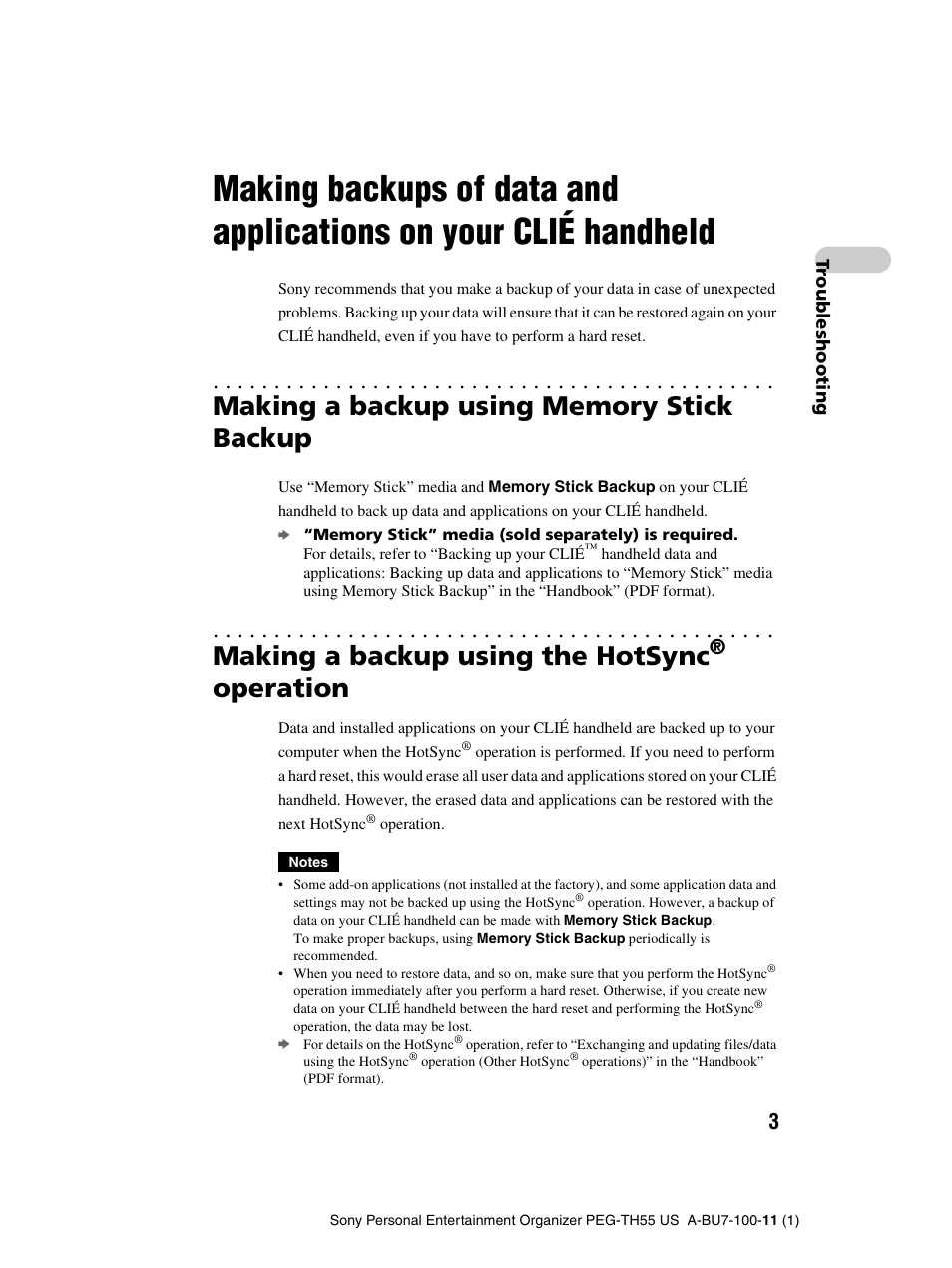 Making a backup using memory stick backup, Making a backup using the hotsync® operation, Making a backup using the hotsync | Operation | Sony PEG-TH55 User Manual | Page 3 / 60