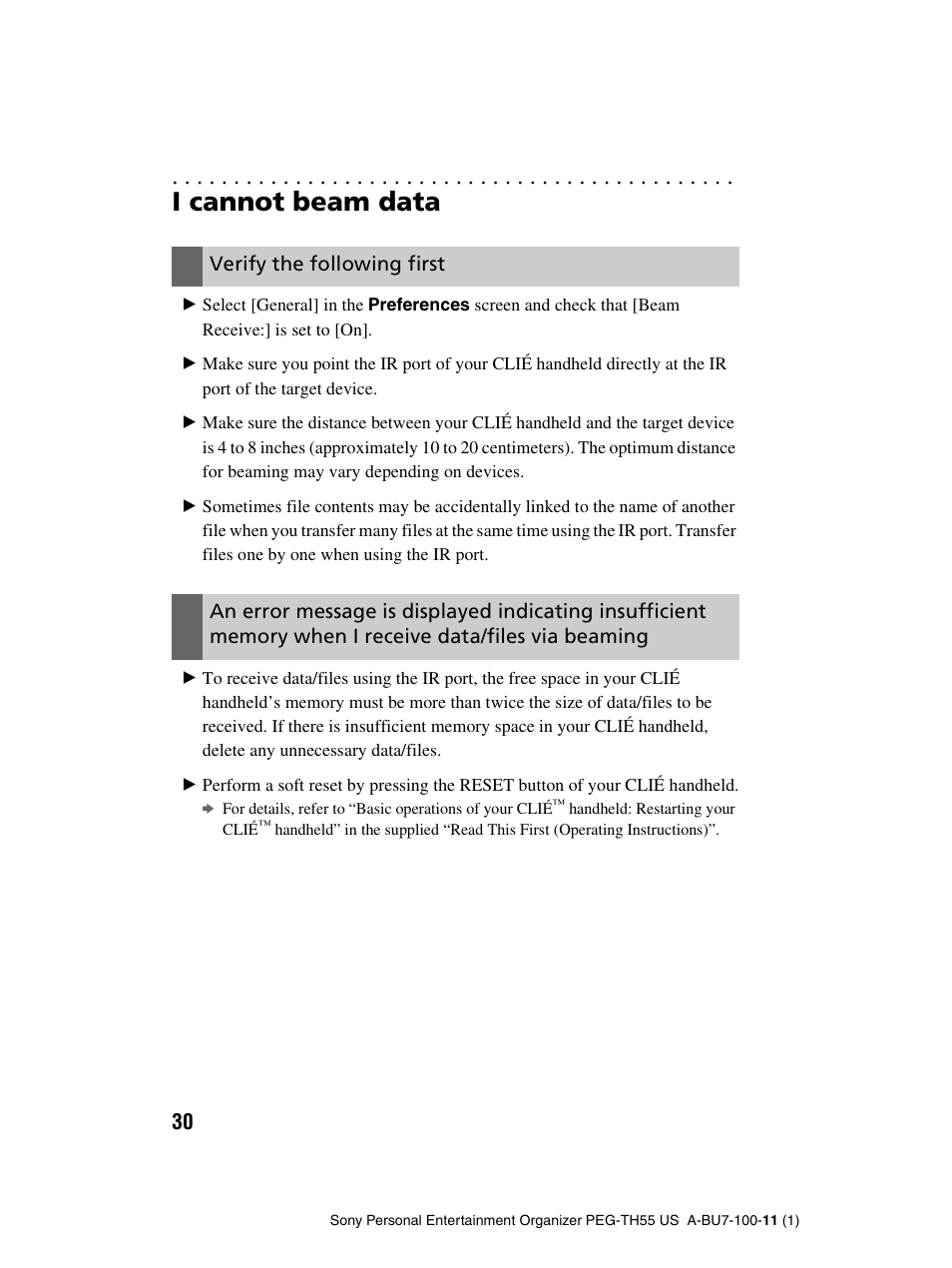 I cannot beam data, Verify the following first | Sony PEG-TH55 User Manual | Page 30 / 60