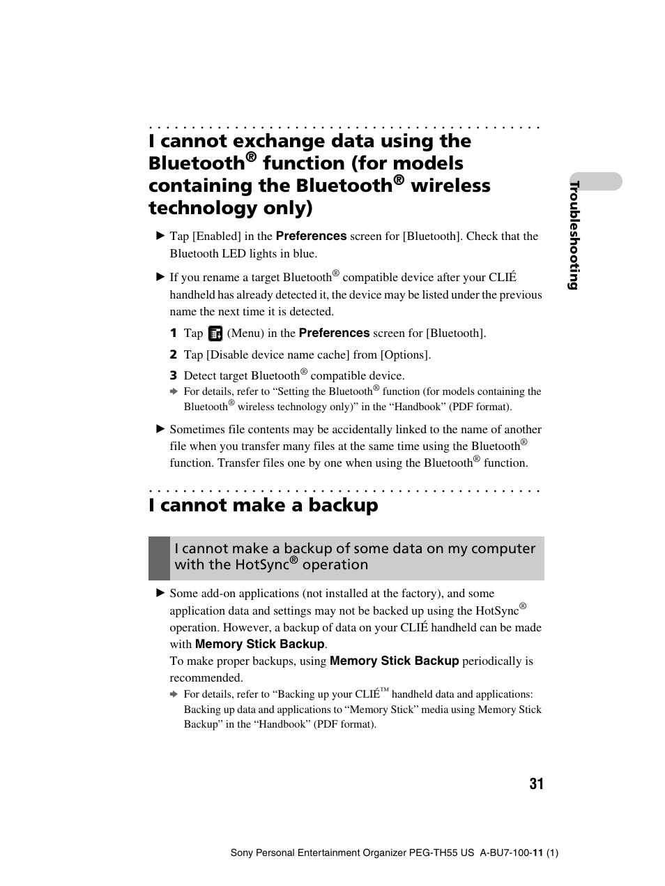 I cannot make a backup, I cannot exchange data using the bluetooth, Function | For models containing the bluetooth, Wireless technology only), Operation, Function (for models containing the bluetooth | Sony PEG-TH55 User Manual | Page 31 / 60