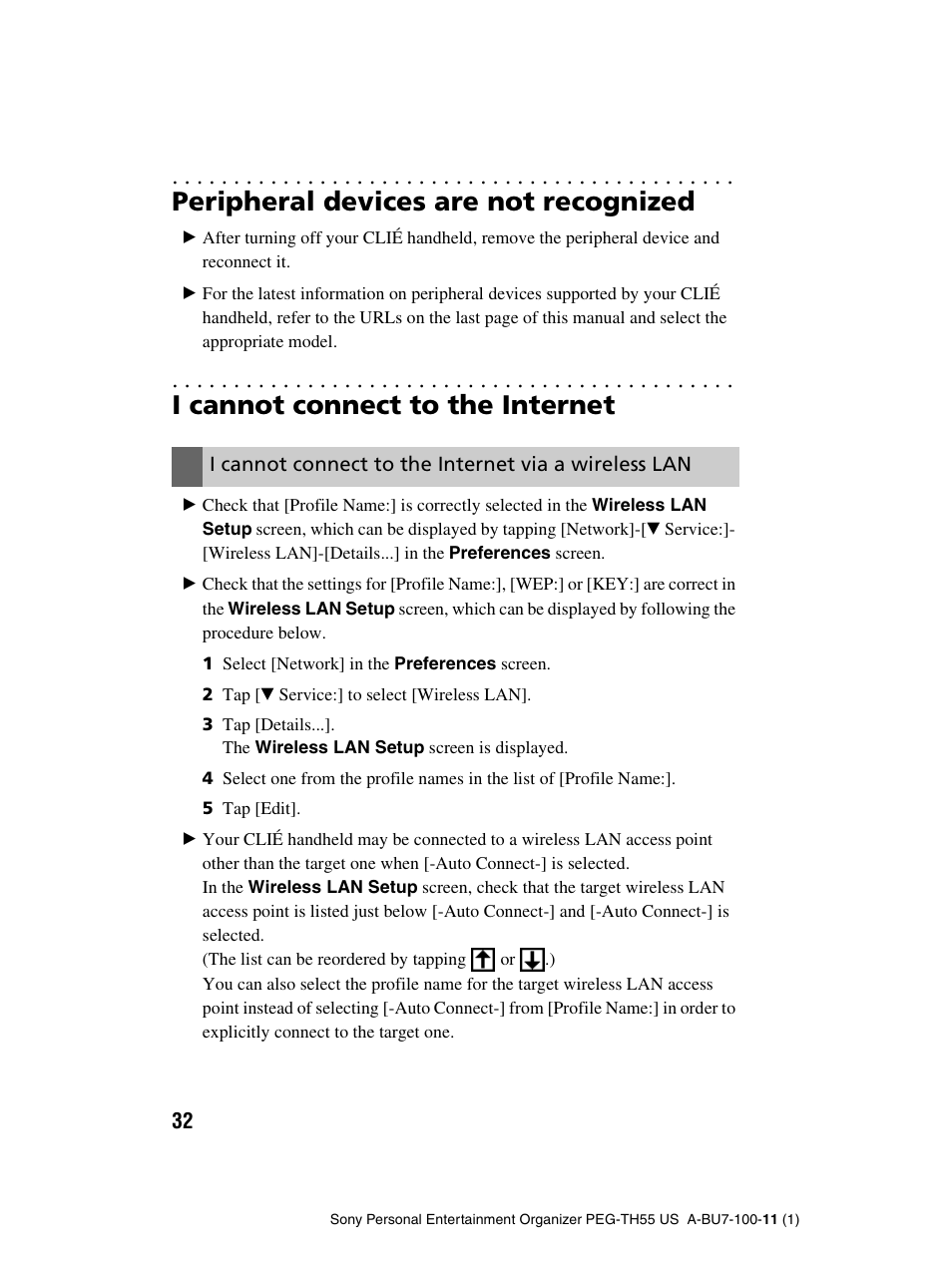 Peripheral devices are not recognized, I cannot connect to the internet | Sony PEG-TH55 User Manual | Page 32 / 60