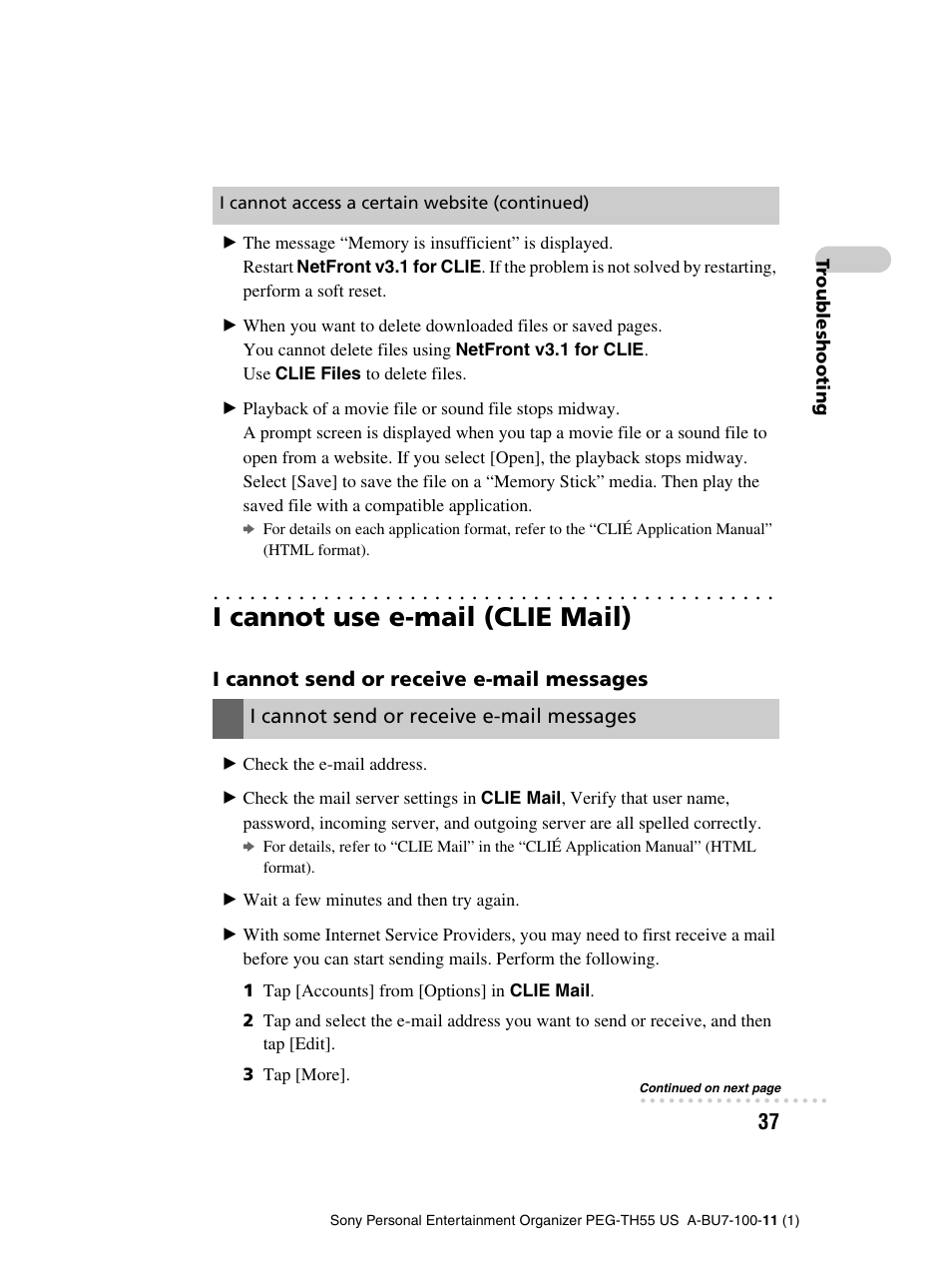 I cannot use e-mail (clie mail), I cannot send or receive e-mail messages | Sony PEG-TH55 User Manual | Page 37 / 60