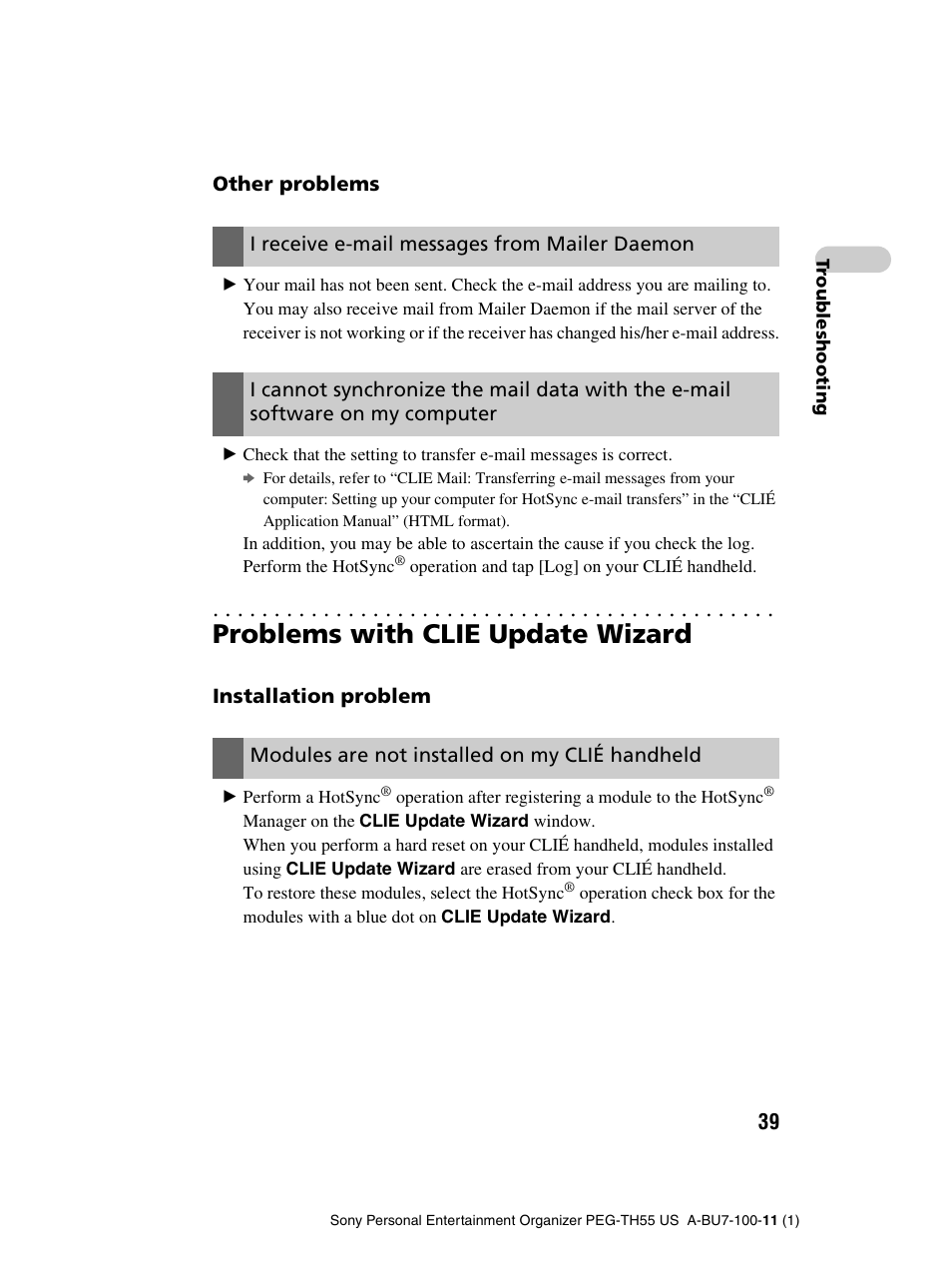 Problems with clie update wizard, Other problems, I receive e-mail messages from mailer daemon | Installation problem, Modules are not installed on my clié handheld | Sony PEG-TH55 User Manual | Page 39 / 60