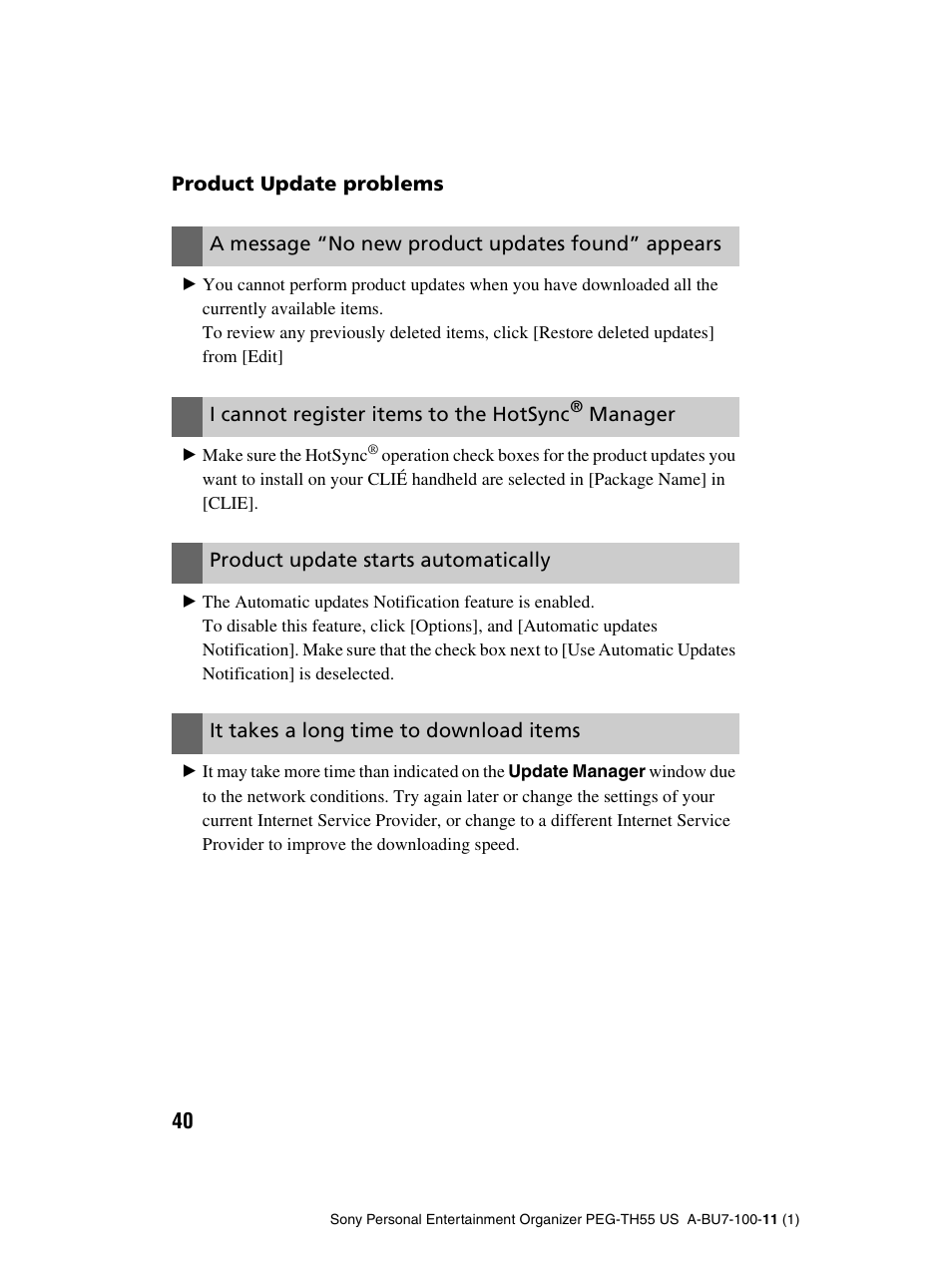 Product update problems, A message “no new product updates found” appears, I cannot register items to the hotsync | Manager, Product update starts automatically, It takes a long time to download items | Sony PEG-TH55 User Manual | Page 40 / 60