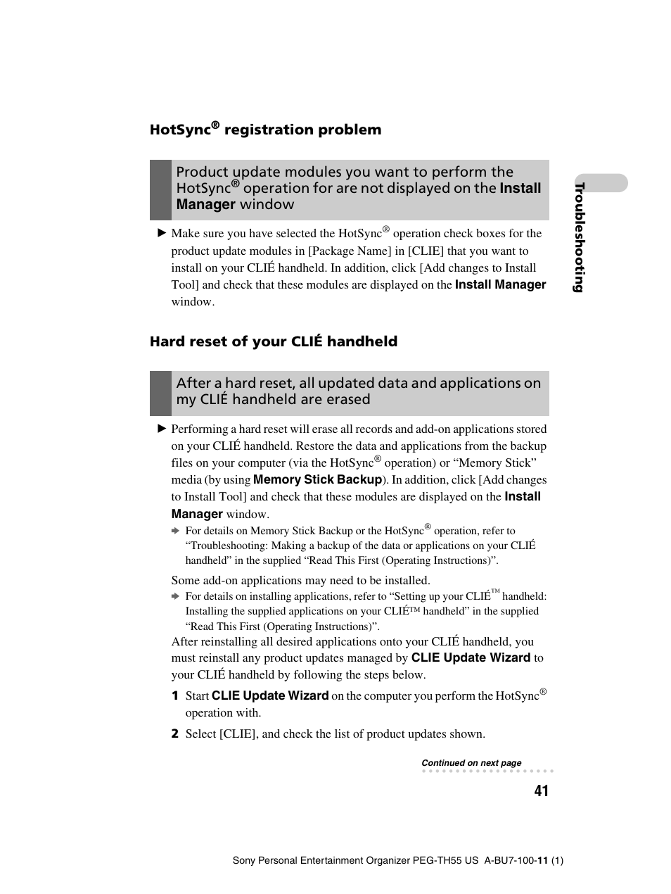 Hotsync, Registration problem, Hard reset of your clié handheld | Sony PEG-TH55 User Manual | Page 41 / 60