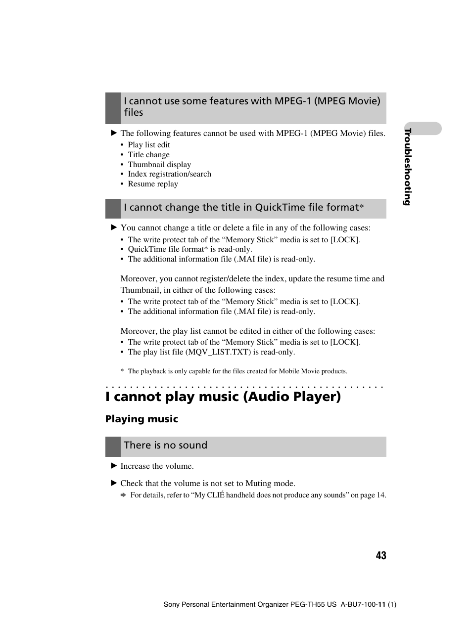 I cannot play music (audio player), I cannot change the title in quicktime file format, Playing music | There is no sound | Sony PEG-TH55 User Manual | Page 43 / 60