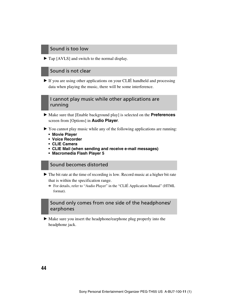 Sound is too low, Sound is not clear, Sound becomes distorted | Sony PEG-TH55 User Manual | Page 44 / 60