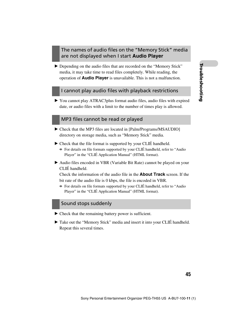 Mp3 files cannot be read or played, Sound stops suddenly | Sony PEG-TH55 User Manual | Page 45 / 60