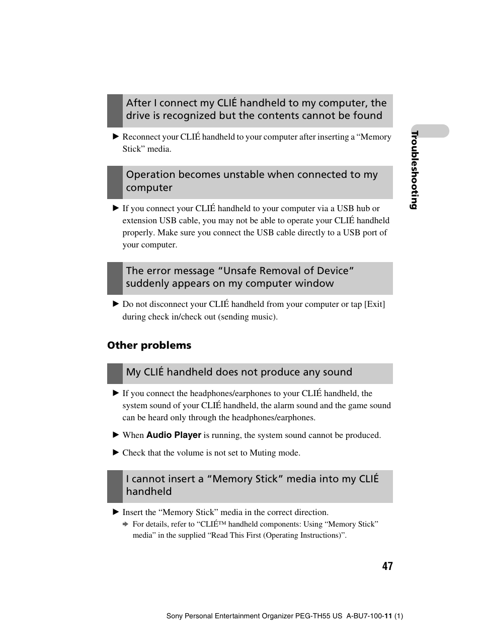 Other problems, My clié handheld does not produce any sound | Sony PEG-TH55 User Manual | Page 47 / 60