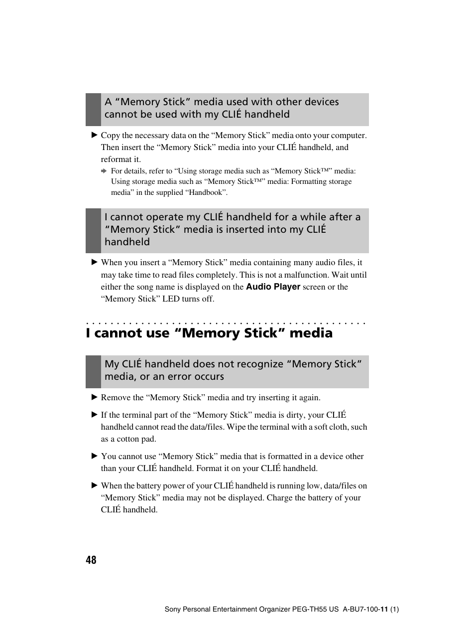 I cannot use “memory stick” media | Sony PEG-TH55 User Manual | Page 48 / 60