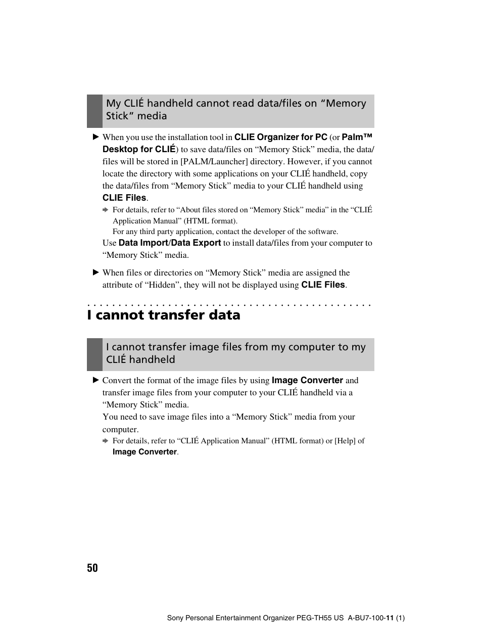 I cannot transfer data | Sony PEG-TH55 User Manual | Page 50 / 60