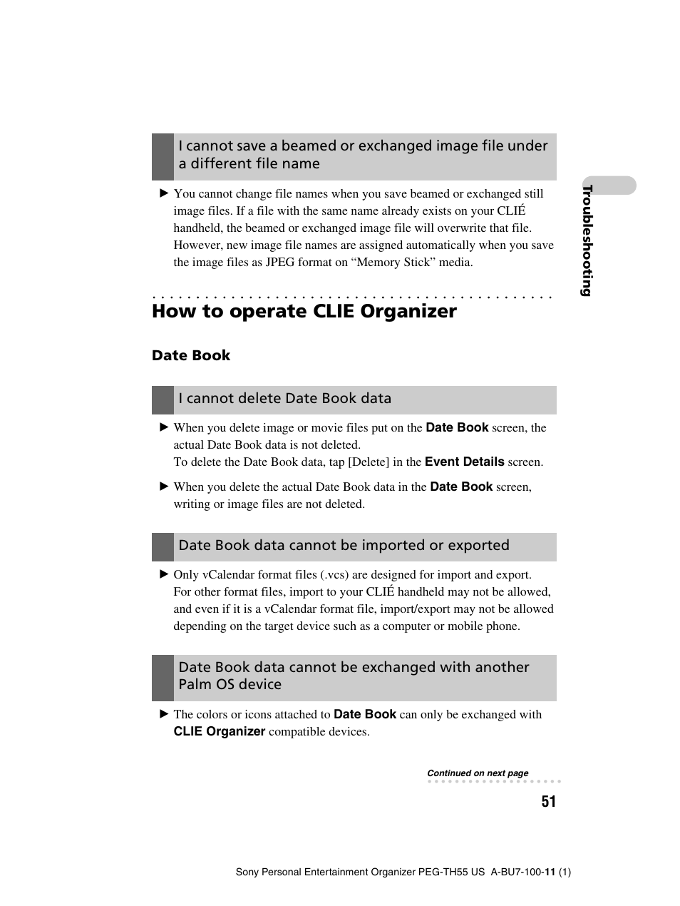 How to operate clie organizer, Date book, I cannot delete date book data | Date book data cannot be imported or exported | Sony PEG-TH55 User Manual | Page 51 / 60