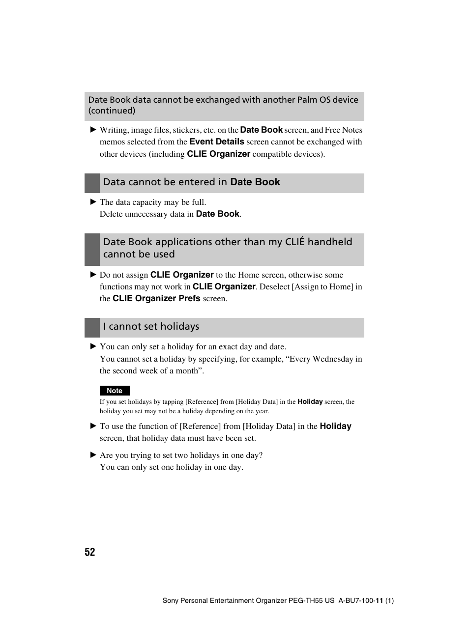 Data cannot be entered in date book, I cannot set holidays | Sony PEG-TH55 User Manual | Page 52 / 60