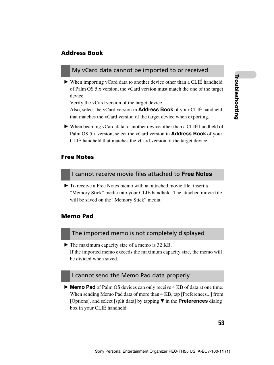 Address book, My vcard data cannot be imported to or received, Free notes | Memo pad, The imported memo is not completely displayed, I cannot send the memo pad data properly | Sony PEG-TH55 User Manual | Page 53 / 60