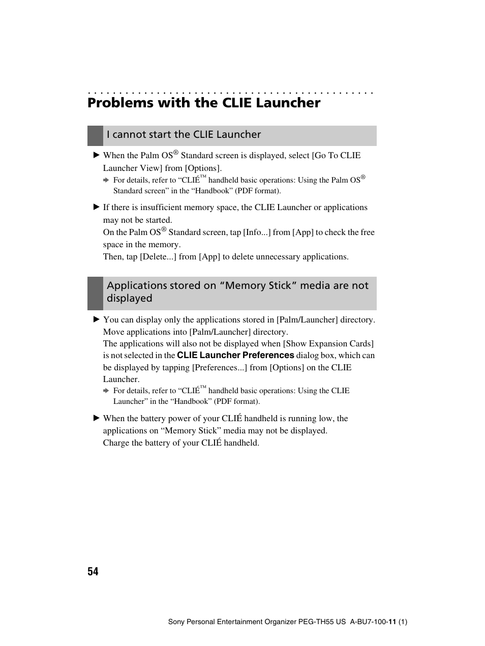 Problems with the clie launcher, I cannot start the clie launcher | Sony PEG-TH55 User Manual | Page 54 / 60