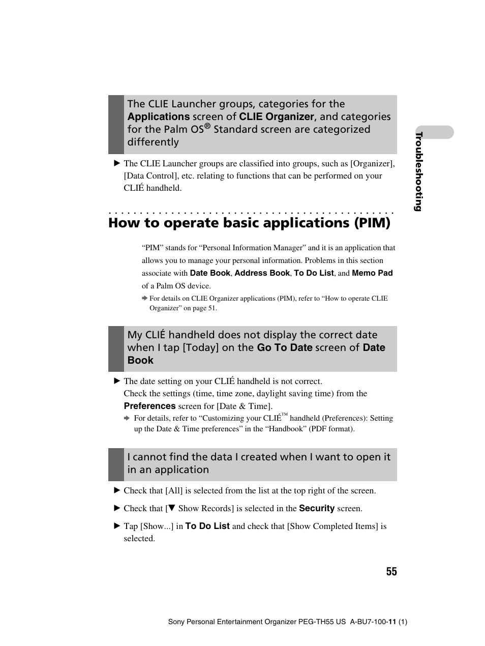 How to operate basic applications (pim), Standard screen are categorized differently | Sony PEG-TH55 User Manual | Page 55 / 60