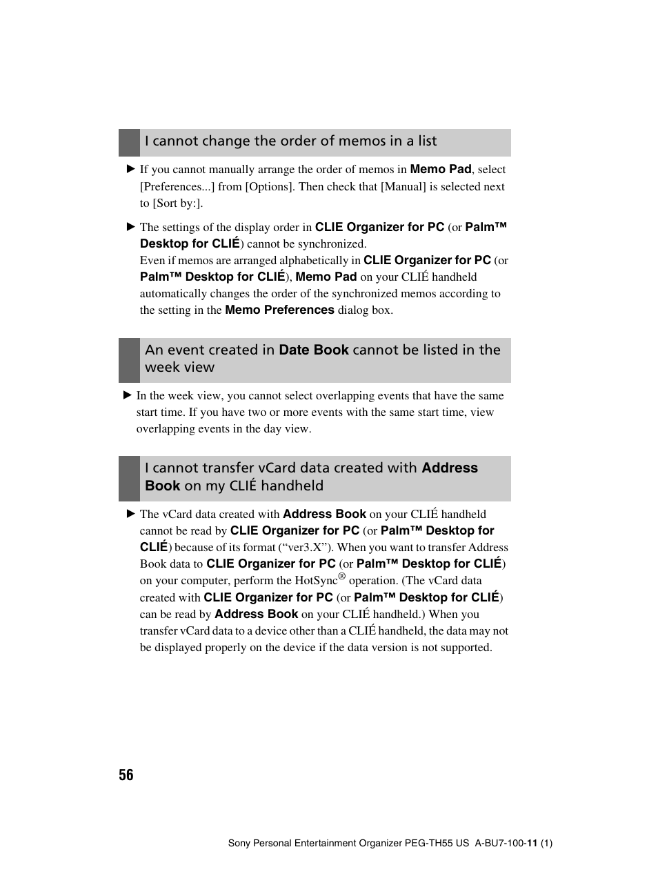 I cannot change the order of memos in a list | Sony PEG-TH55 User Manual | Page 56 / 60