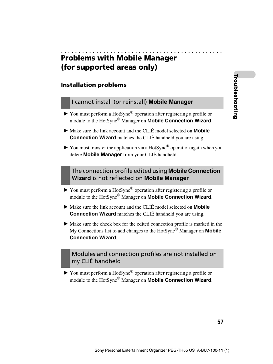 Installation problems, I cannot install (or reinstall) mobile manager | Sony PEG-TH55 User Manual | Page 57 / 60