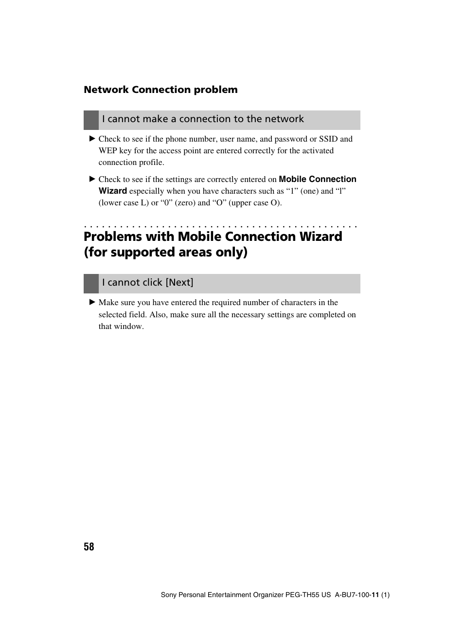 Network connection problem, I cannot make a connection to the network, I cannot click [next | Sony PEG-TH55 User Manual | Page 58 / 60