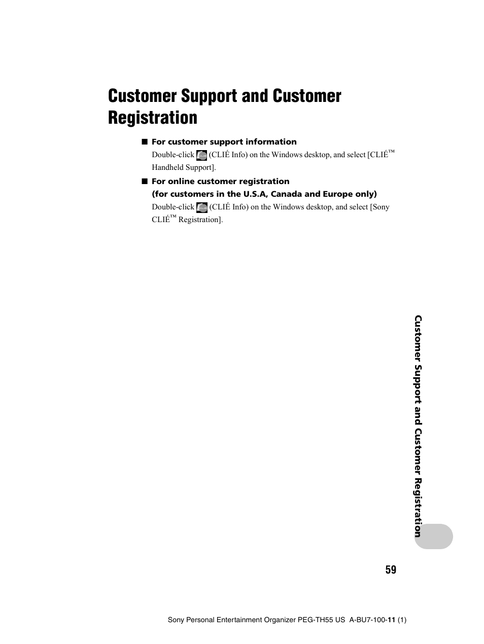 Customer support and customer registration | Sony PEG-TH55 User Manual | Page 59 / 60