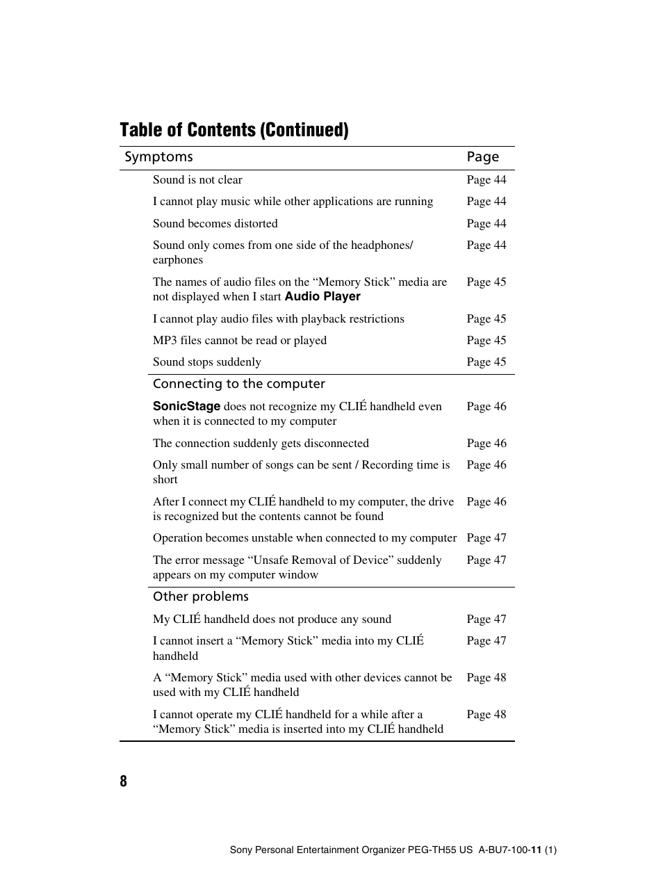 Table of contents (continued) | Sony PEG-TH55 User Manual | Page 8 / 60
