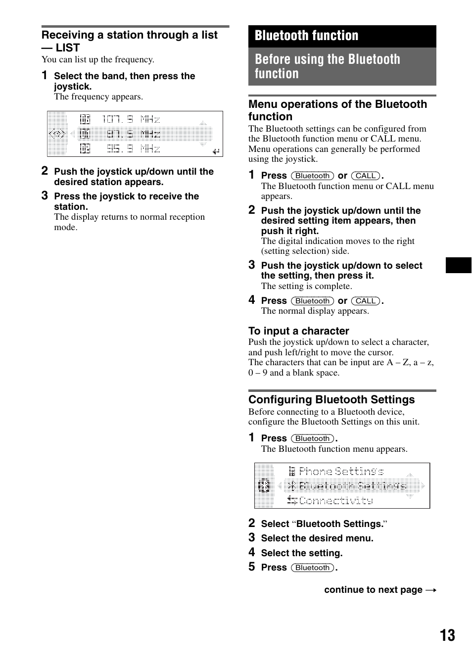 Receiving a station through a list - list, Bluetooth function, Before using the bluetooth function | Menu operations of the bluetooth function, Configuring bluetooth settings, Receiving a station through a list — list, On 13 | Sony MEX-BT5000 User Manual | Page 13 / 96