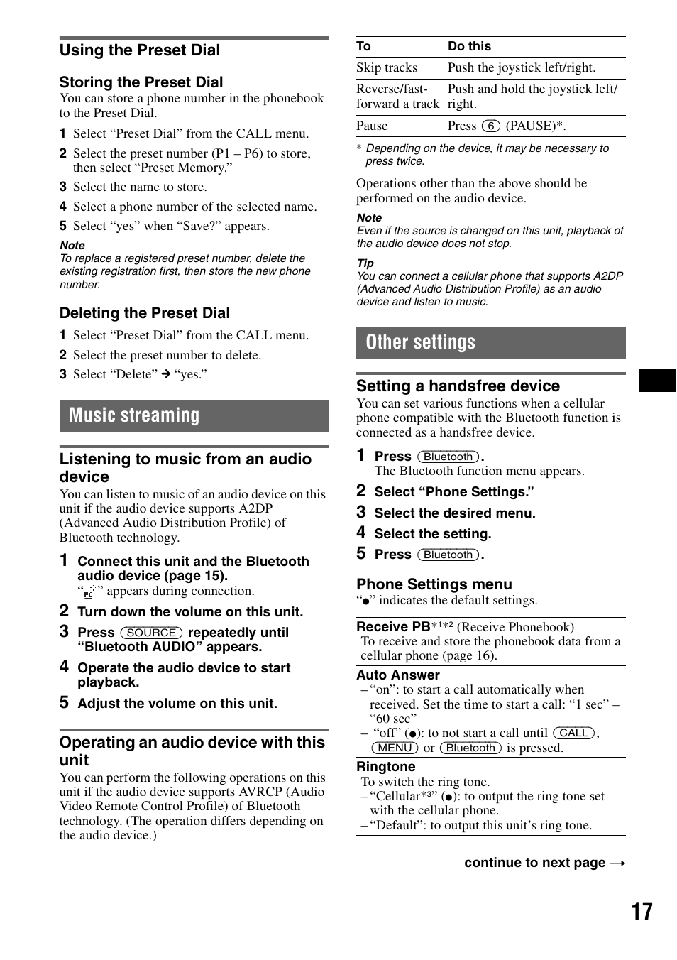 Using the preset dial, Music streaming, Listening to music from an audio device | Operating an audio device with this unit, Other settings, Setting a handsfree device | Sony MEX-BT5000 User Manual | Page 17 / 96