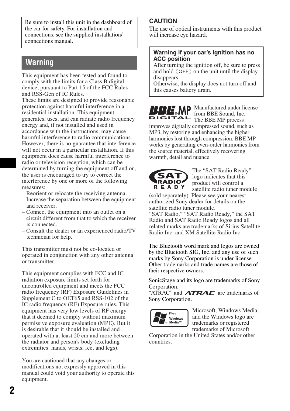 Warning | Sony MEX-BT5000 User Manual | Page 2 / 96