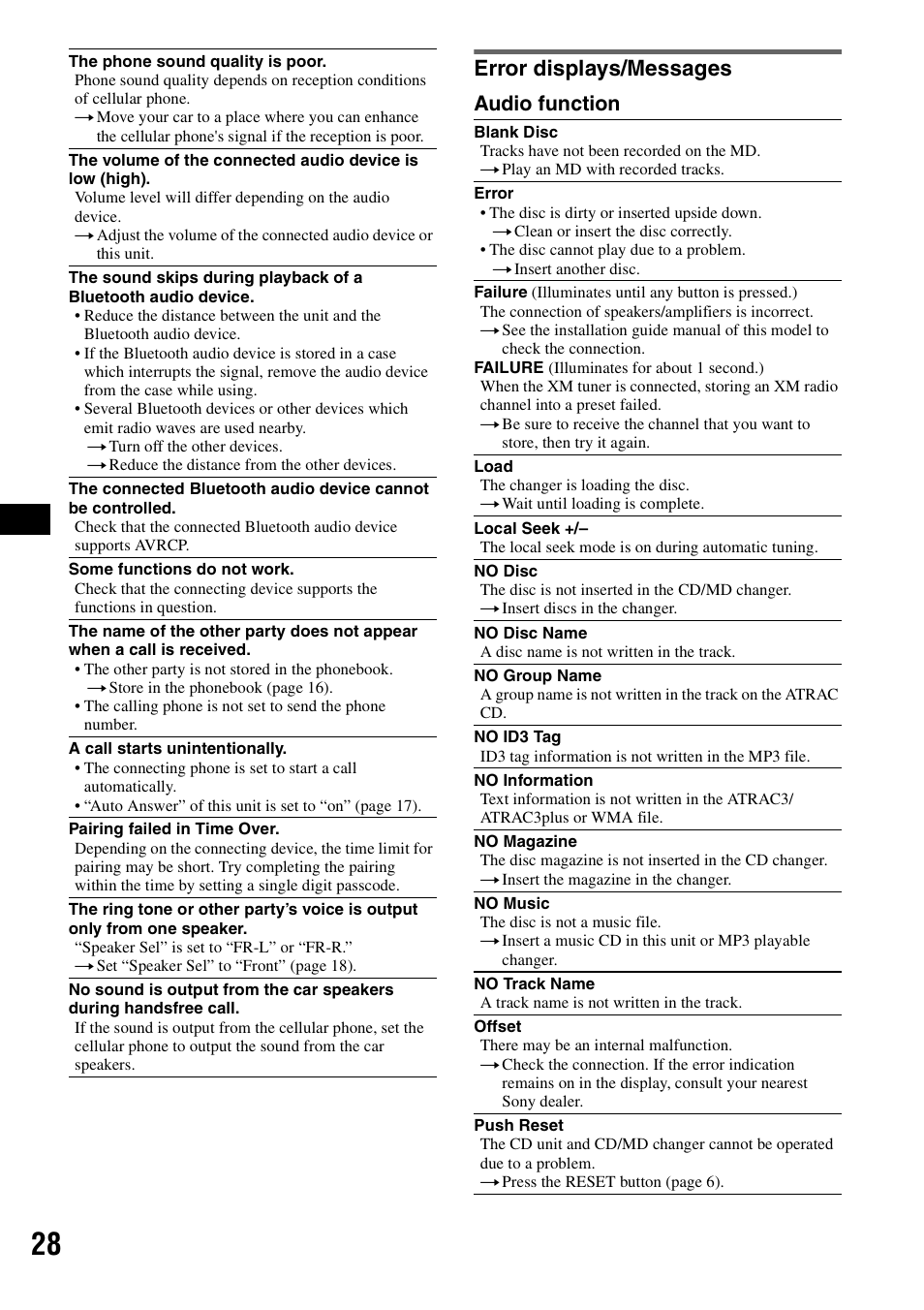 Error displays/messages, Audio function | Sony MEX-BT5000 User Manual | Page 28 / 96