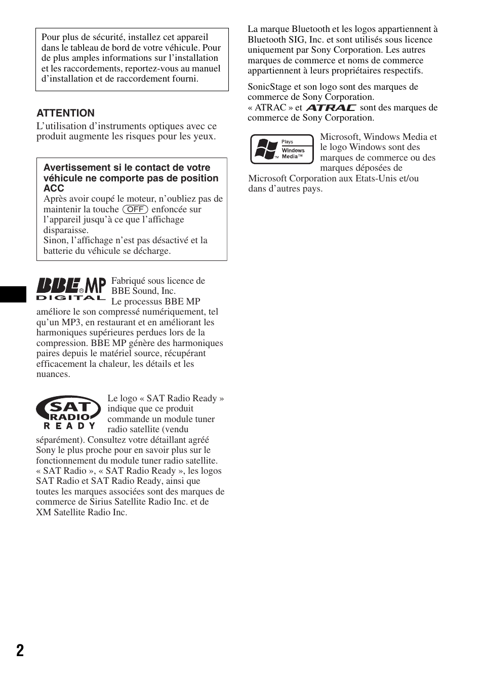 Avertissement | Sony MEX-BT5000 User Manual | Page 30 / 96