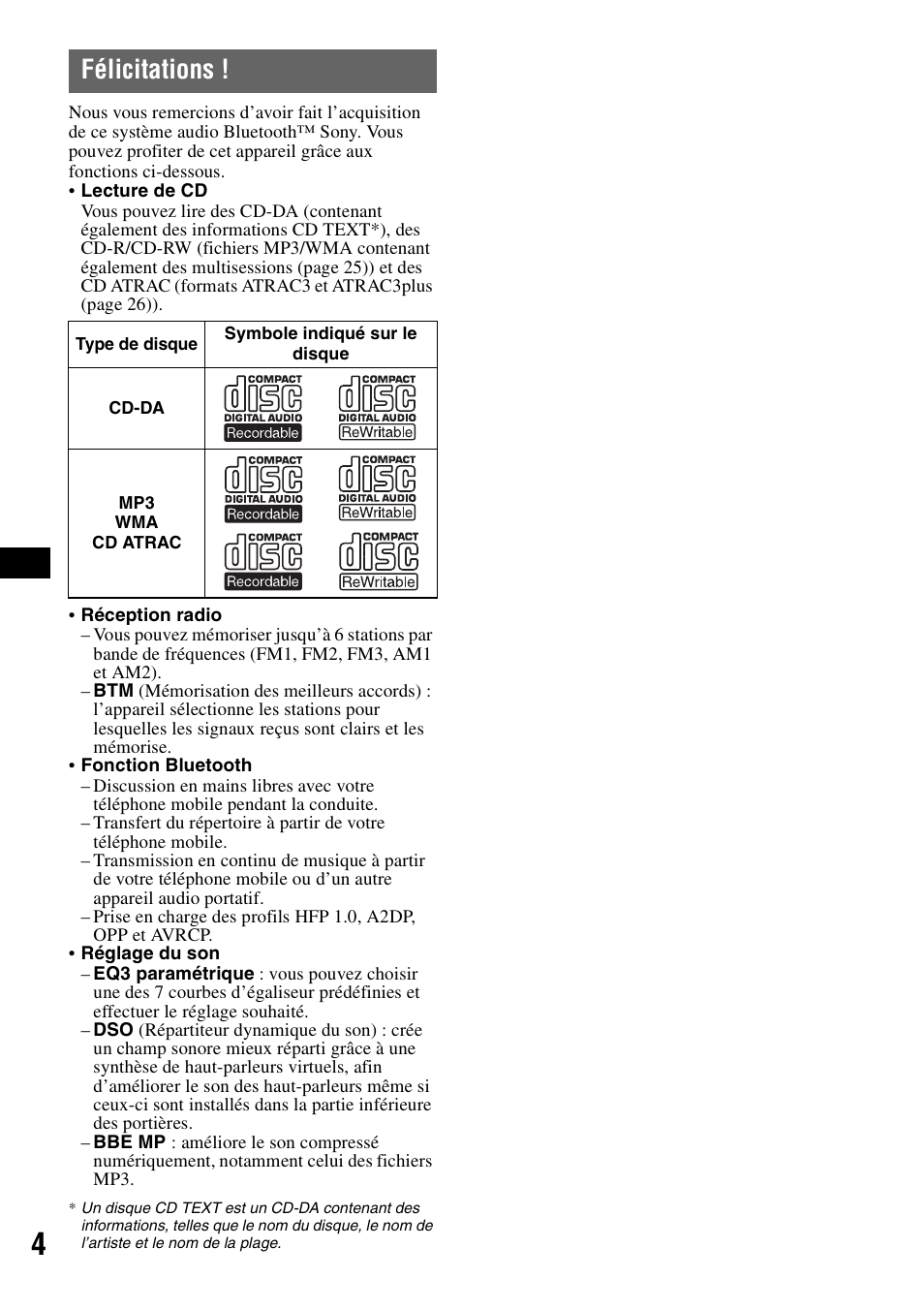 Félicitations | Sony MEX-BT5000 User Manual | Page 32 / 96