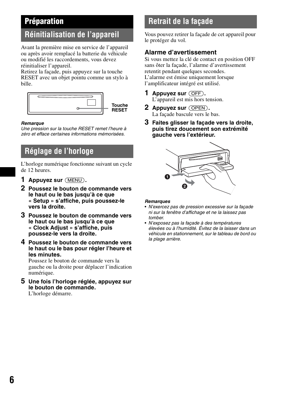 Préparation, Réinitialisation de l’appareil, Réglage de l’horloge | Retrait de la façade, Préparation réinitialisation de l’appareil | Sony MEX-BT5000 User Manual | Page 34 / 96