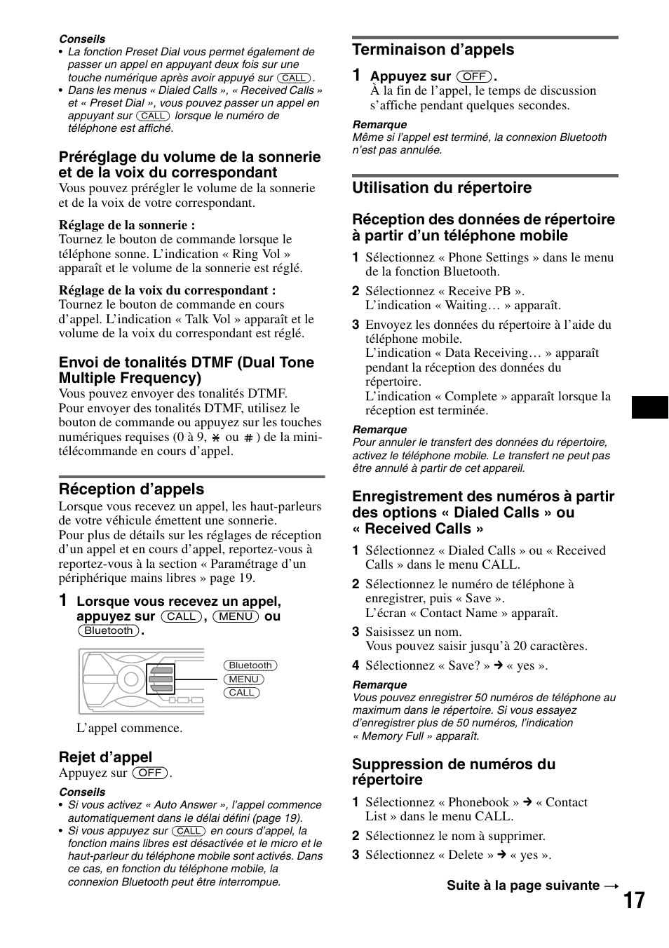 Réception d’appels, Terminaison d’appels, Utilisation du répertoire | Sony MEX-BT5000 User Manual | Page 45 / 96