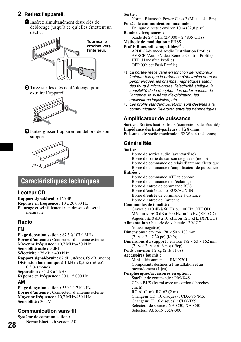 Caractéristiques techniques, Lecteur cd, Radio | Communication sans fil, Amplificateur de puissance, Généralités | Sony MEX-BT5000 User Manual | Page 56 / 96