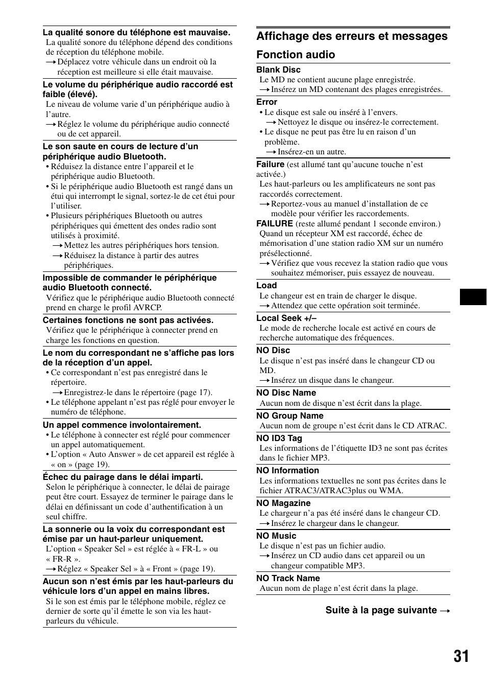 Affichage des erreurs et messages, Fonction audio | Sony MEX-BT5000 User Manual | Page 59 / 96