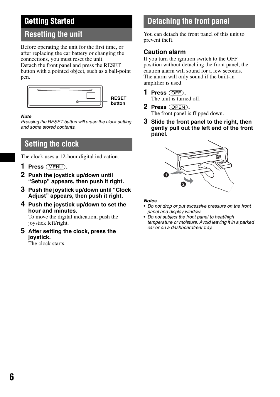 Getting started, Resetting the unit, Setting the clock | Detaching the front panel, Getting started resetting the unit | Sony MEX-BT5000 User Manual | Page 6 / 96