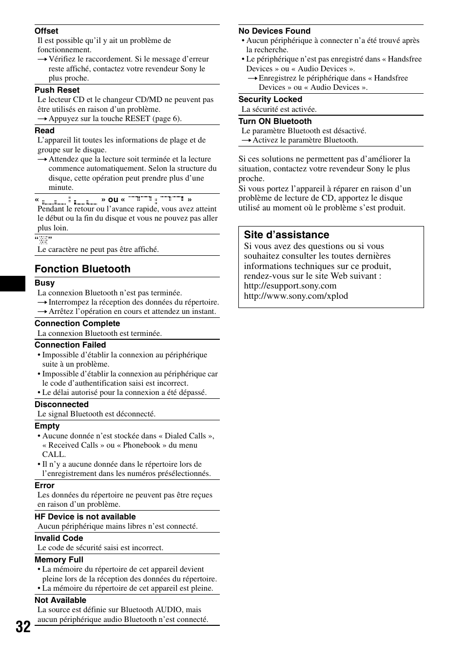 Fonction bluetooth, Site d’assistance | Sony MEX-BT5000 User Manual | Page 60 / 96