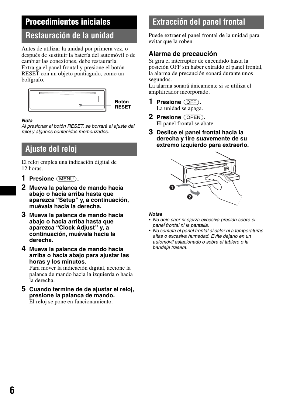 Procedimientos iniciales, Restauración de la unidad, Ajuste del reloj | Extracción del panel frontal, Procedimientos iniciales restauración de la unidad | Sony MEX-BT5000 User Manual | Page 66 / 96