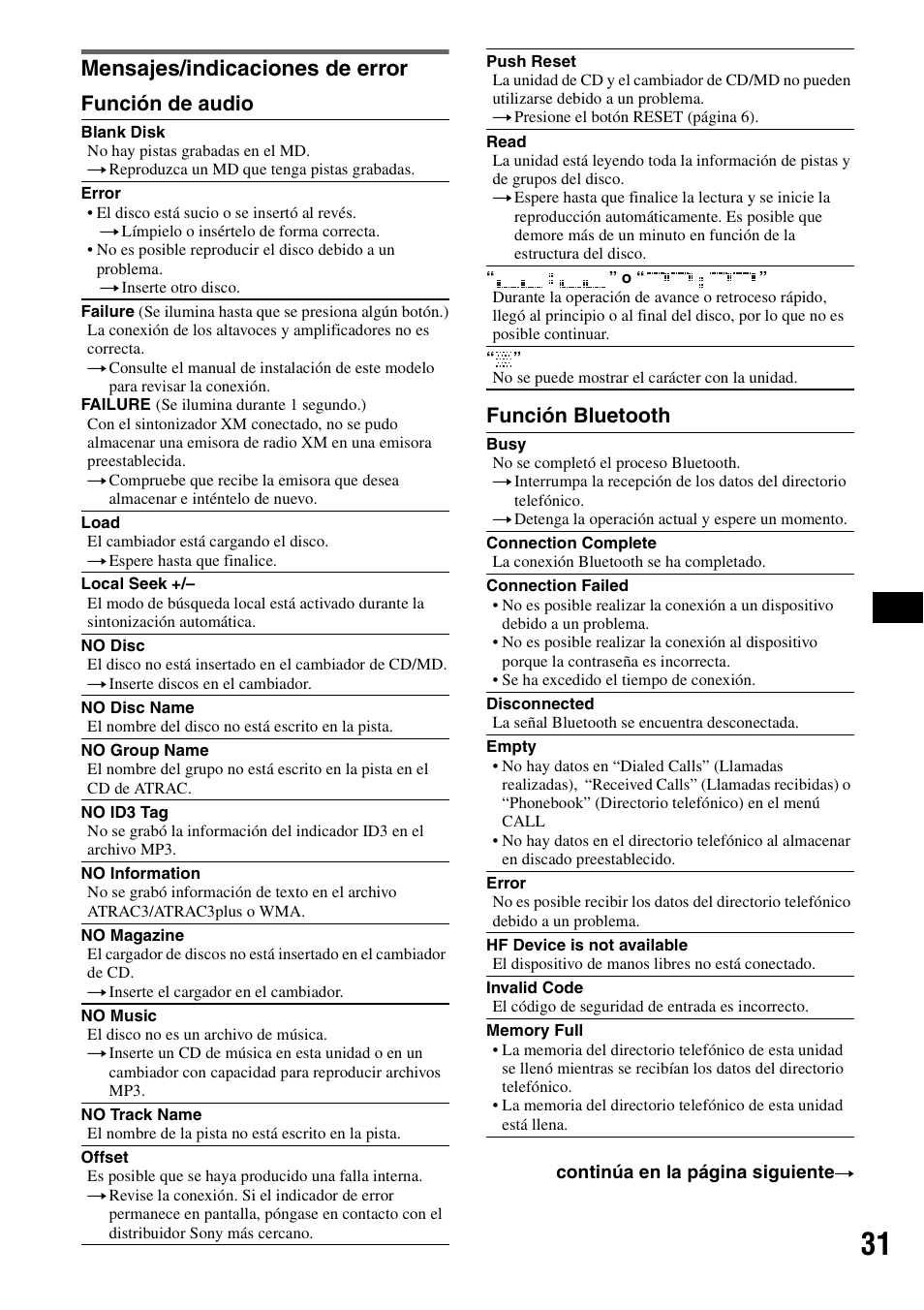 Mensajes/indicaciones de error, Función de audio función bluetooth | Sony MEX-BT5000 User Manual | Page 91 / 96