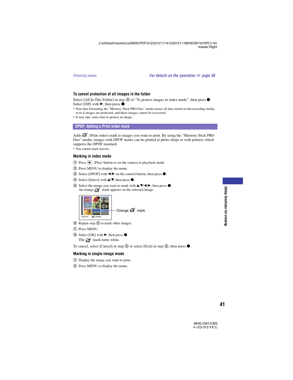 Dpof: adding a print order mark | Sony MHS-CM1 User Manual | Page 41 / 75