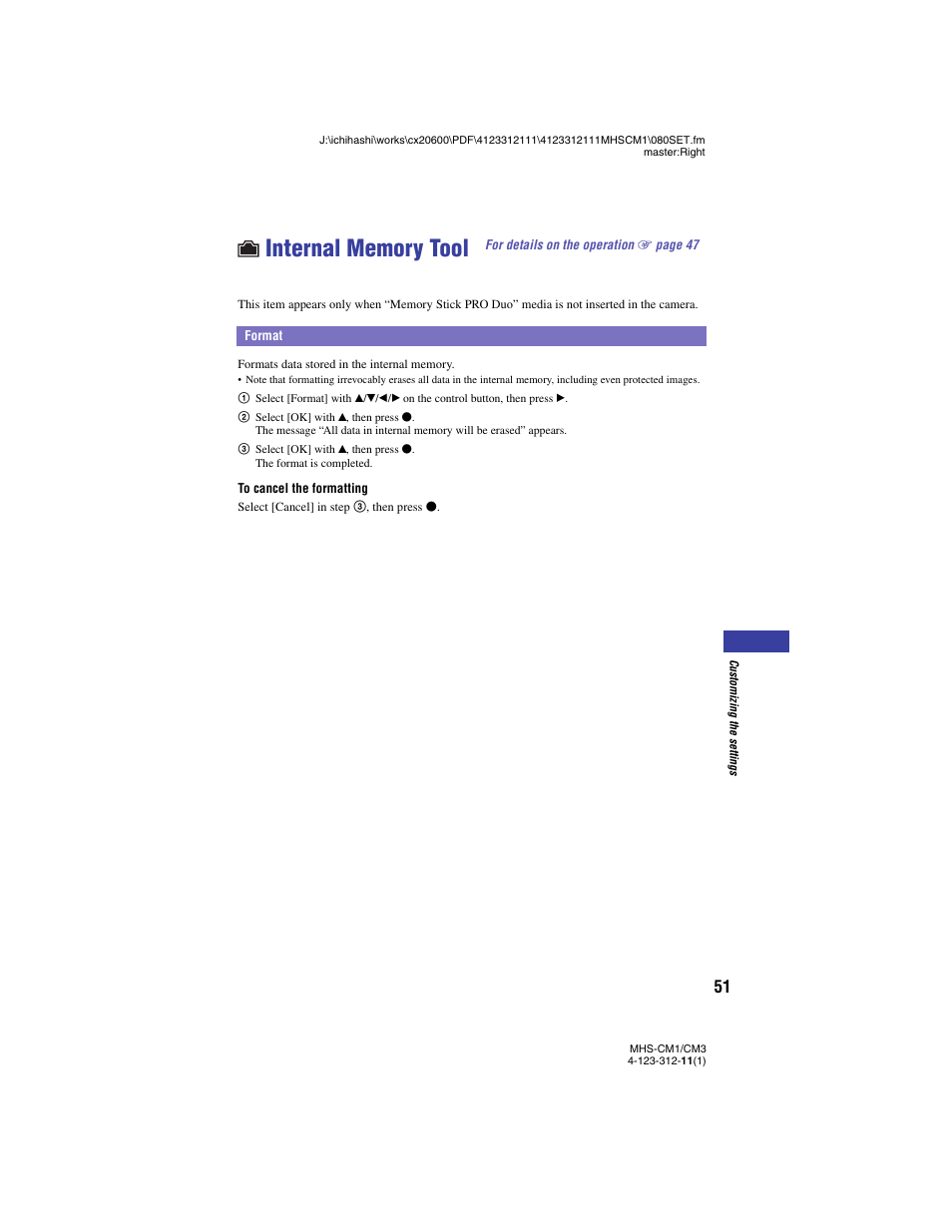 Internal memory tool, Format | Sony MHS-CM1 User Manual | Page 51 / 75