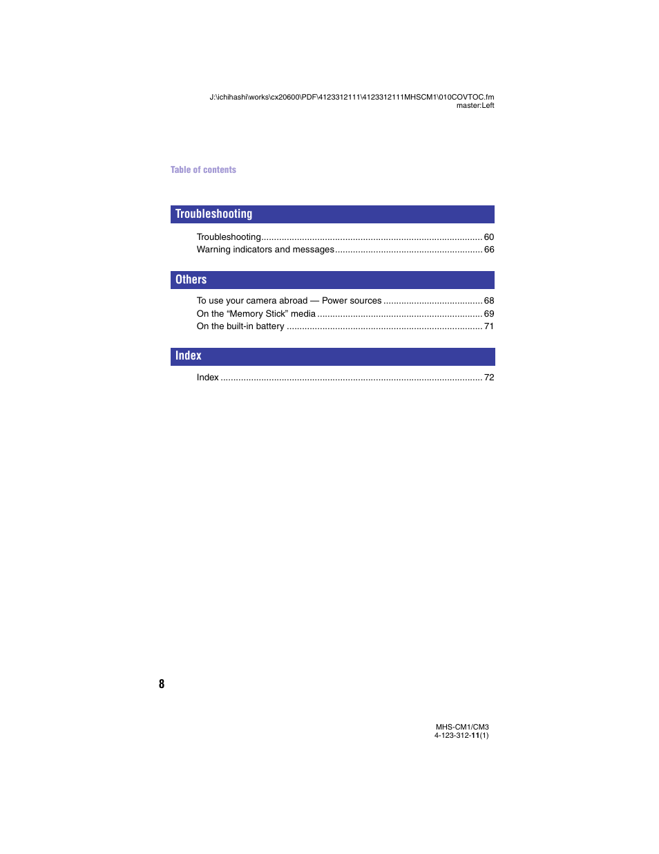 Troubleshooting others index | Sony MHS-CM1 User Manual | Page 8 / 75