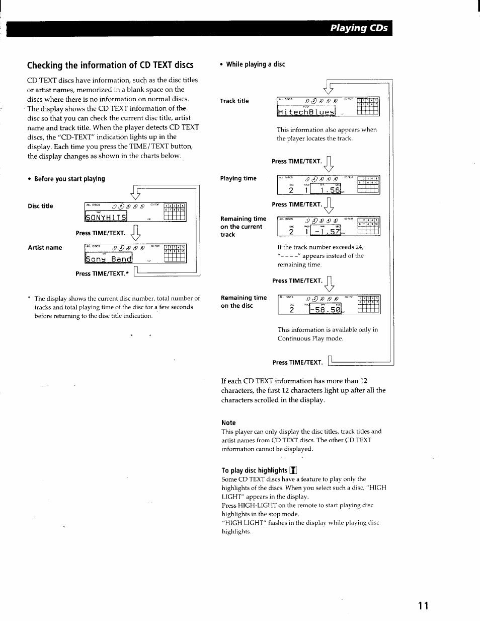 Checking the information of cd text discs, Before you start playing, Disc title | Artist name, Nyhits, Press time/text, While playing a disc, Track title, Hitechblues, Playing time | Sony CDP-CE525 User Manual | Page 11 / 30