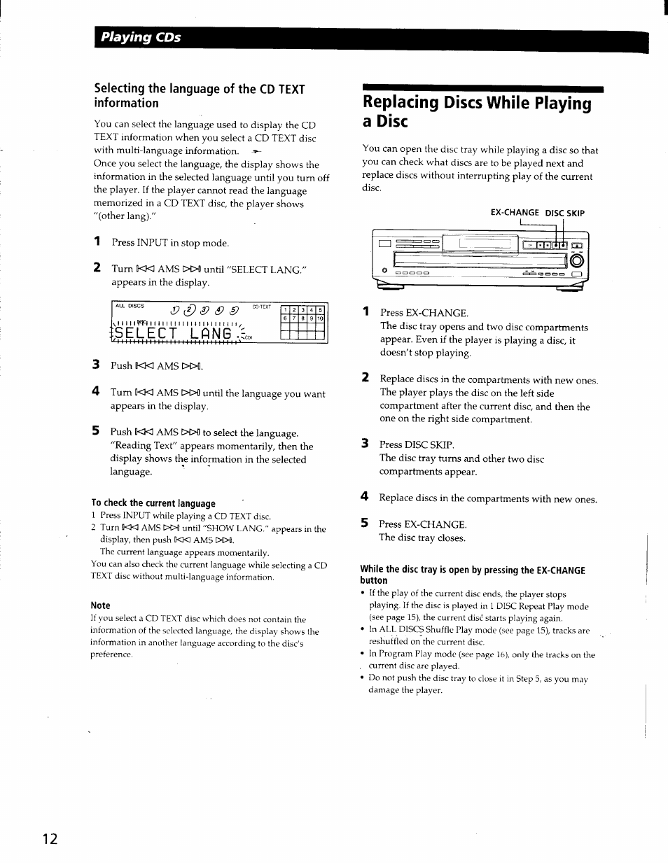 Selecting the language of the cd text information, To check the current language, Note | Replacing discs while playing a disc, Ex-change disc skip, Playing cds | Sony CDP-CE525 User Manual | Page 12 / 30