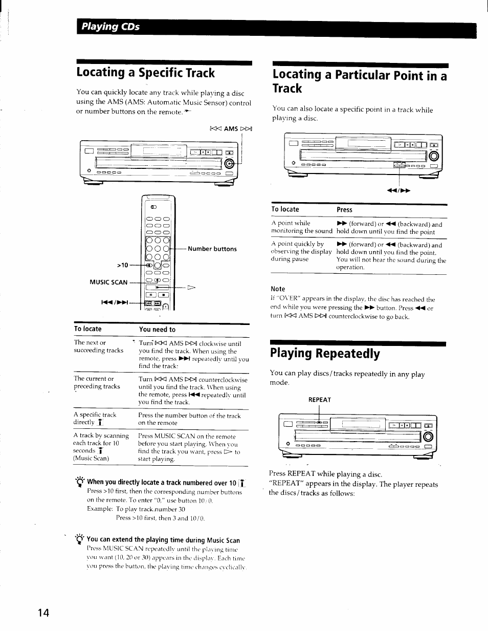 Locating a specific track, Locating a particular point in a track, To locate | Note, Playing repeatedly, Repeat, Playing cds | Sony CDP-CE525 User Manual | Page 14 / 30