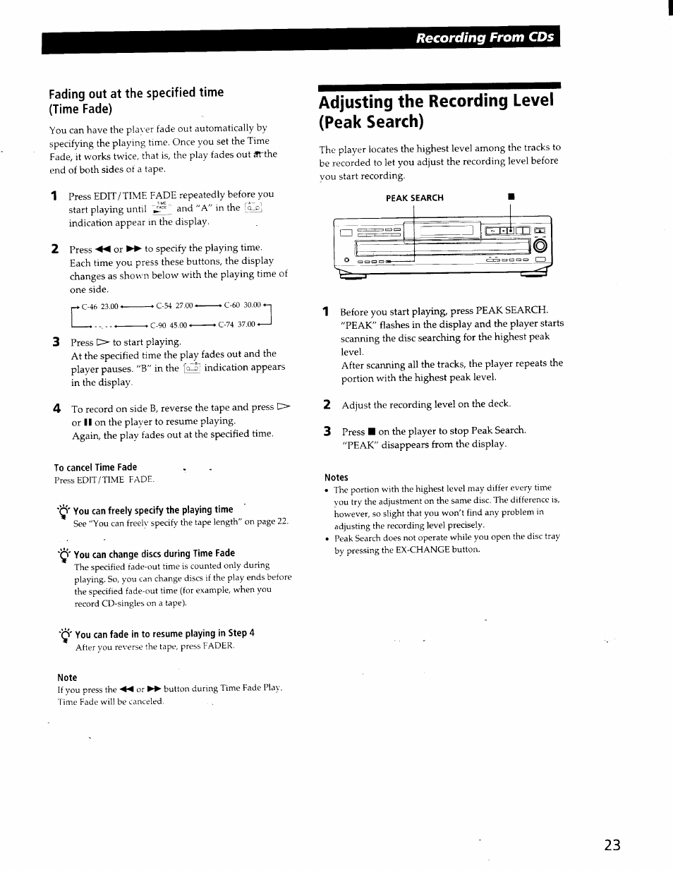 Fading out at the specified time (time fade), To cancel time fade, Y' you can freely specify the playing time | Q' you can change discs during time fade, Adjusting the recording level (peak search), Notes, Q' you can fade in to resume playing in step 4, Note, Recording from cds | Sony CDP-CE525 User Manual | Page 23 / 30