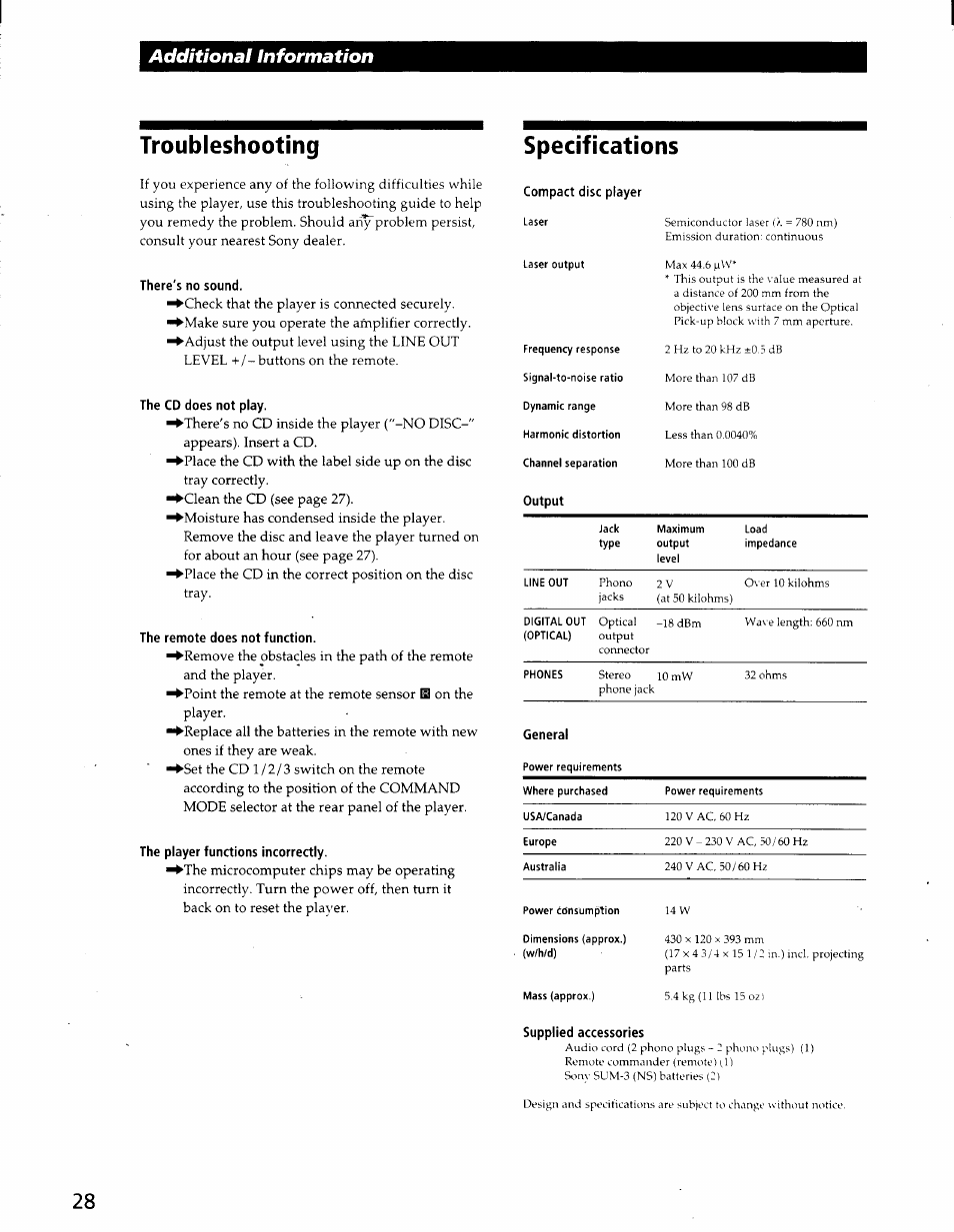 Troubleshooting, Specifications, There's no sound | The cd does not play, The remote does not function, The player functions incorrectly, Supplied accessories, Troubleshooting specifications, Additional information | Sony CDP-CE525 User Manual | Page 28 / 30