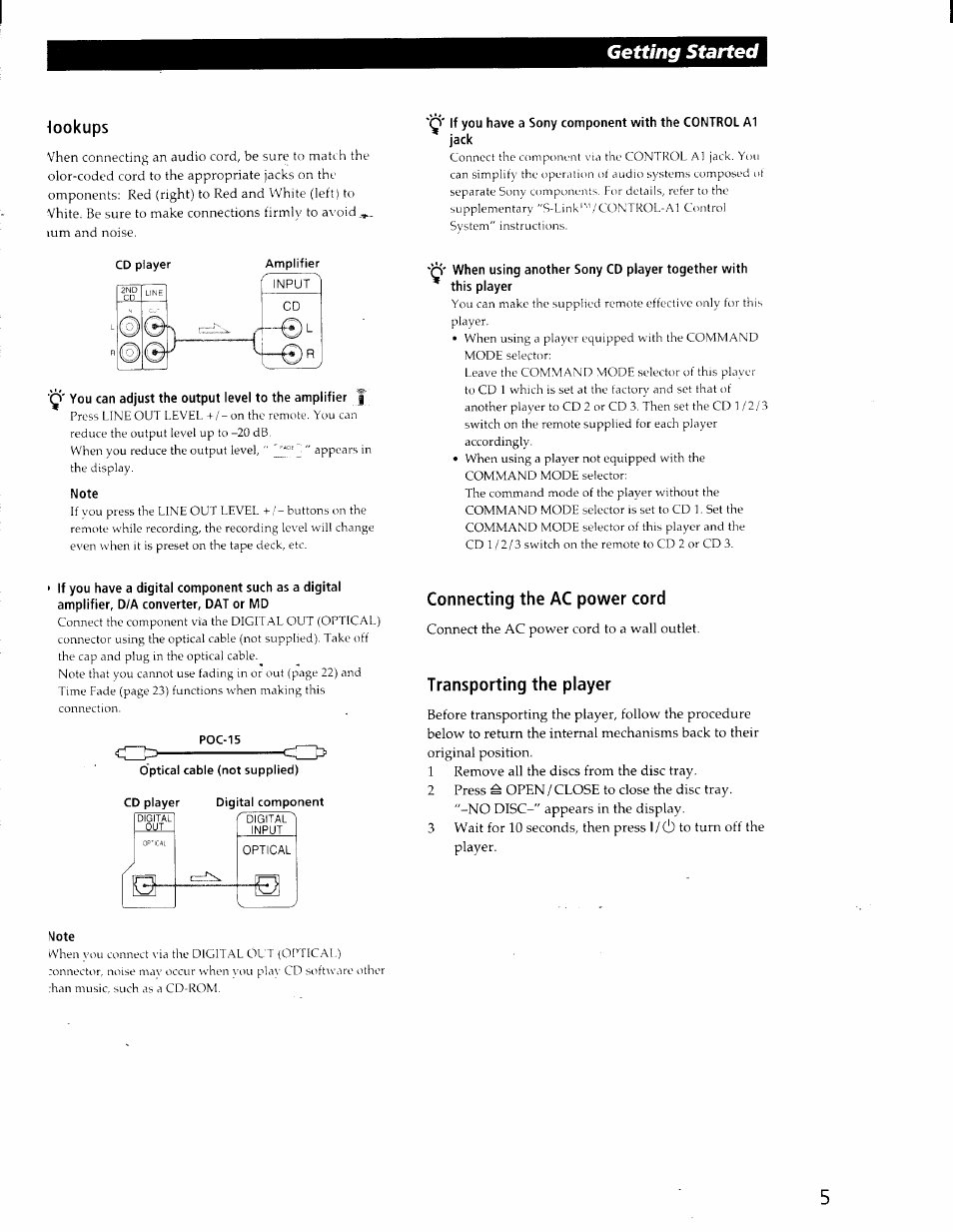 Lookups, Cd player, You can adjust the output level to the amplifier j | Note, Рос-15, Connecting the ac power cord, Transporting the player, Mote, Getting started | Sony CDP-CE525 User Manual | Page 5 / 30